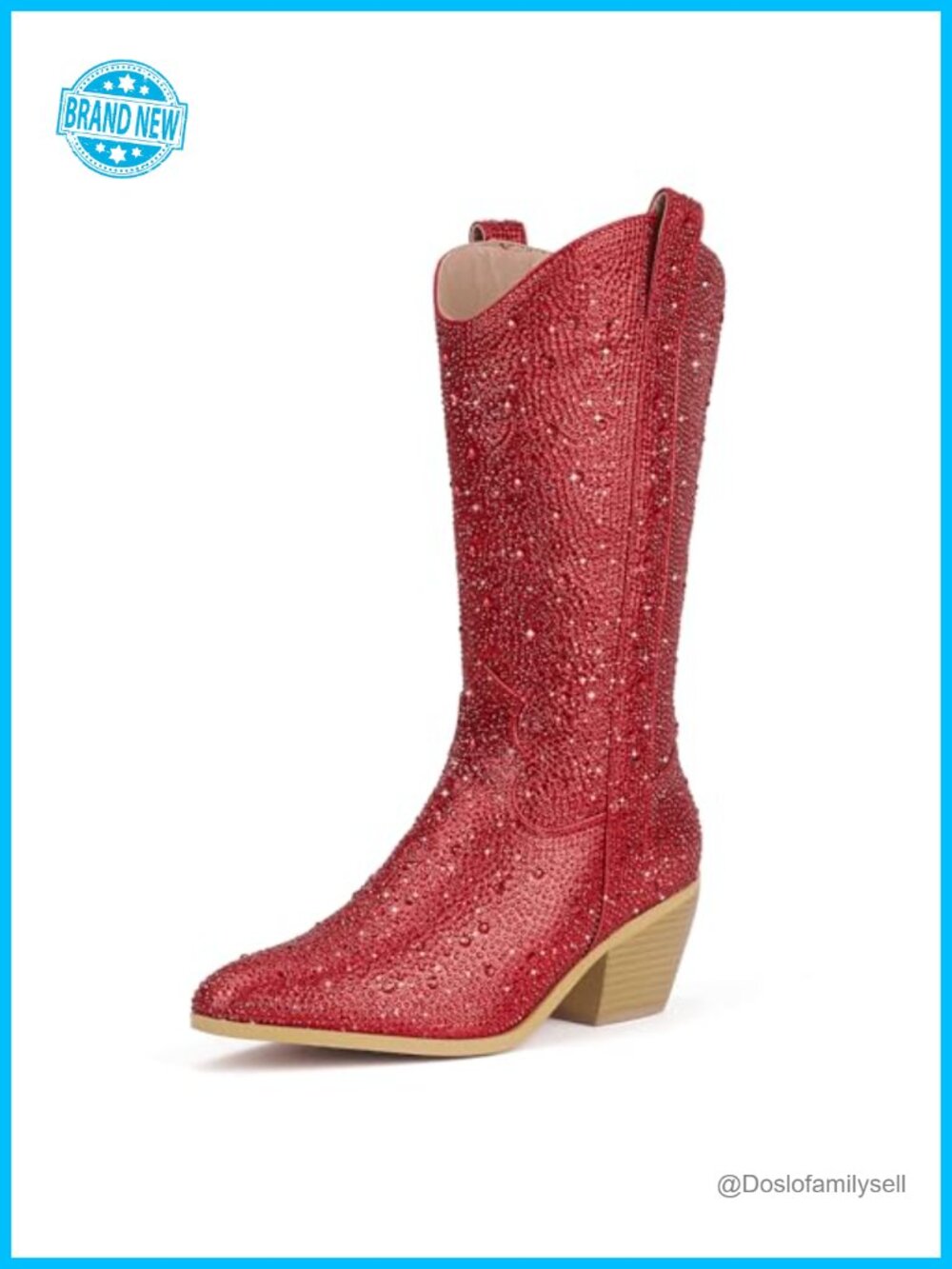 Rhinestone Western Cowgirl Boots Mid Calf Block Heel Pointed Toe